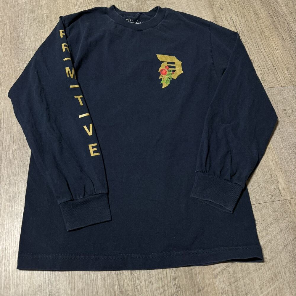 Primitive Rose T Shirt Mens Size S Black Gold Logo Long Sleeve Skater Tee